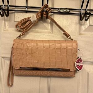 New: Elegant Blush Crocodile-Embossed Women's Crossbody/Wristlet Bag